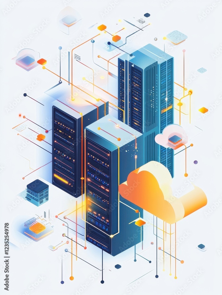 Poster minimalist technology flat design of a network infrastructure, highlighting data flow between server