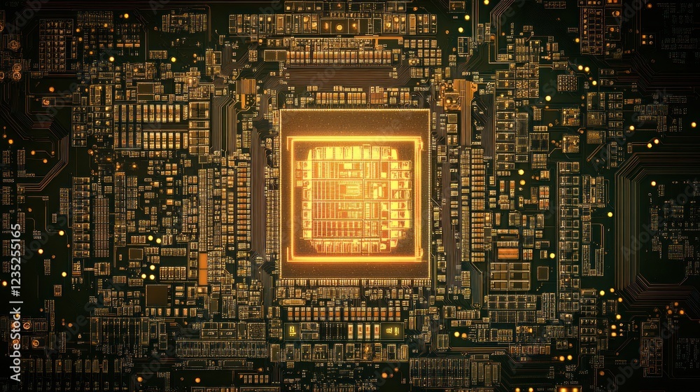 Poster Glowing Central Processor Unit on Circuit Board