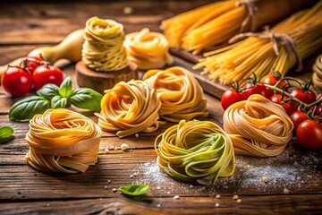 Assortment of Homemade Pasta Bundles on Rustic Wooden Table