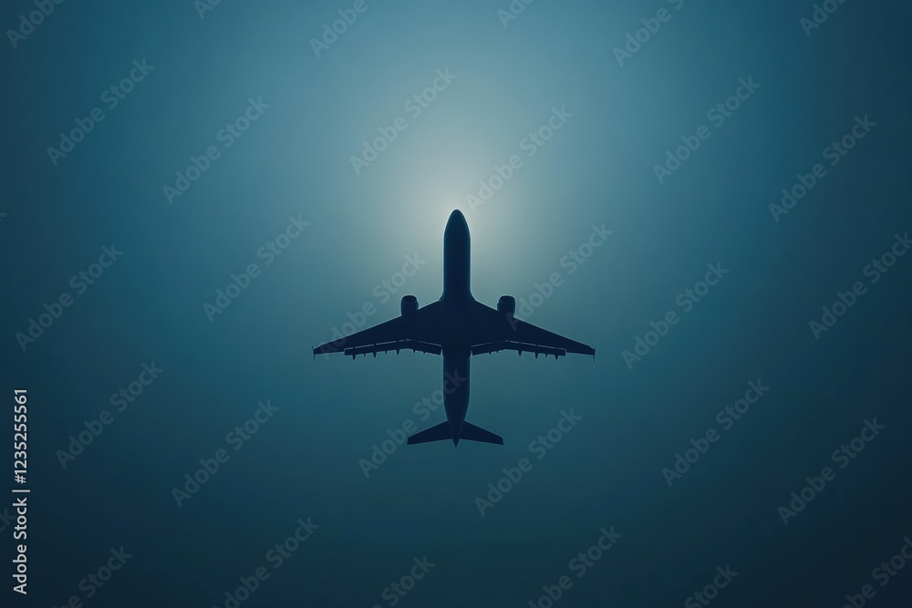 Aufkleber elegant silhouette of an airplane soaring across a clear sky at twilight. generative ai