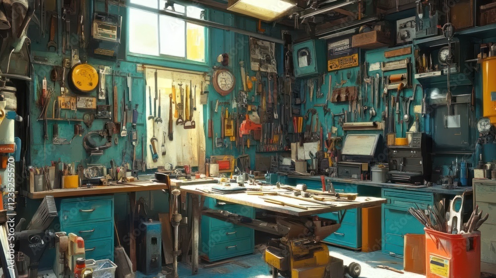 Poster a cluttered workshop filled with tools and equipment