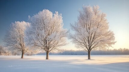 Three frost covered trees stand in a snowy winter field