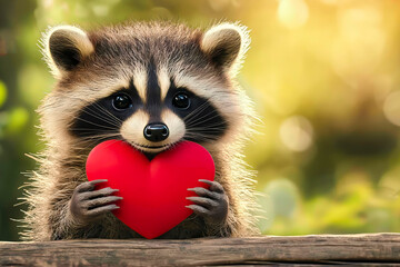 Cute little raccoon, backlit by sun, holding a red heart in his paws. Valentine's Day theme.