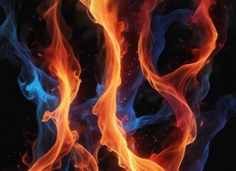 Flames on black canvas with vibrant red and blue hues dancing in an abstract pattern,  dark background,  flames