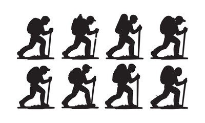 Vector Hiking Icons Hiker with Walking Stick and Backpack Silhouettes