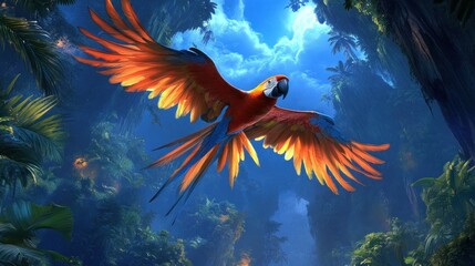 Scarlet Macaw Soaring Through Lush Tropical Rainforest Canopy