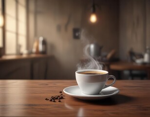 Obraz premium Flat design of a steaming cup of coffee on a table, flat design, illustration