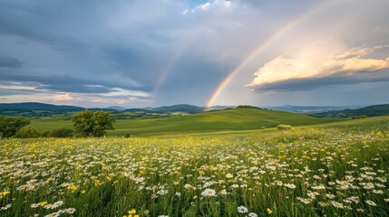 Double Rainbow Arcs Over Rolling Hills and Wildflowers