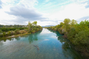Seljuk bridge in Aspendos. The Eurymedon Bridge. Aspendos Yolu Belkis Mevkii. Turkey. Crooked...