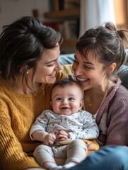 Mothers gay couple having fun with their baby son at home - Family, lgbt and love concept - Main focus on right mother eye
