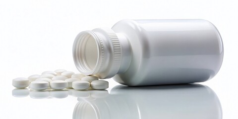 Bayer Aspirin in Plastic Bottle with Reflection on White Background