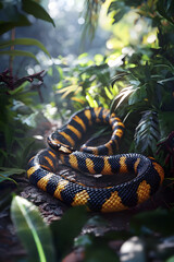 Fototapeta premium Elegant Krait: The Mesmerizing Contrast of Black and Yellow in the Heart of the Forest