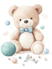 Cute baby toys. Scandinavian style toy, funny children elements collection. Plush bear and beads. Childish, newborn nowaday vector art clipart