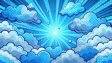 Blue Comic Landscape with Cartoon Clouds - AI Photo