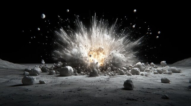 Asteroid impact crater explosion on lunar surface