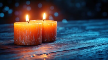 Warm candles on rustic wooden table with bokeh background