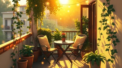 Fototapeta premium Vector illustration of an outdoor balcony with chairs, a table, and lush green views