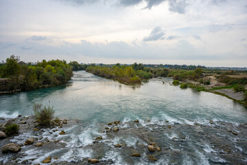Seljuk bridge in Aspendos. The Eurymedon Bridge. Aspendos Yolu Belkis Mevkii. Turkey. Crooked...