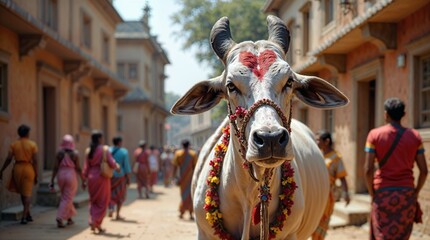 Sacred White Cow Decorated with Colorful Garlands in an Indian Village