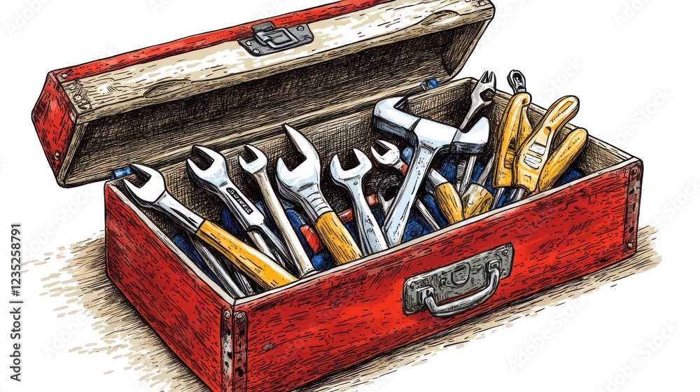Poster a red toolbox filled with various hand tools