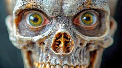 Close-up skull model, intense gaze, dark background, Halloween prop