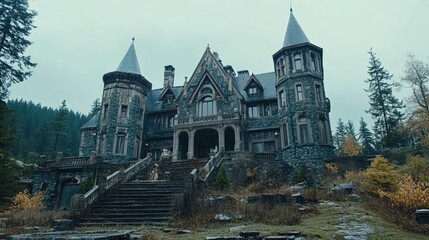 Fototapeta premium A Majestic Stone Castle Stands Tall Amongst Evergreen Trees