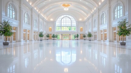 Obraz premium Grand building lobby, bright interior, entrance, plants, reflective floor