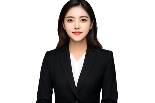 Portrait a businesswoman in a black suit, professional headshot, isolated on transparent background