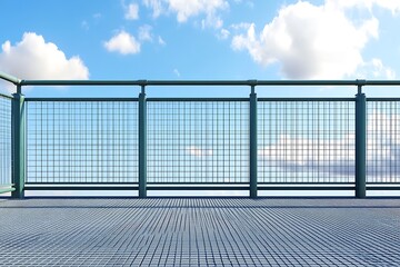 A modern railing with a grid design against a blue sky and clouds.