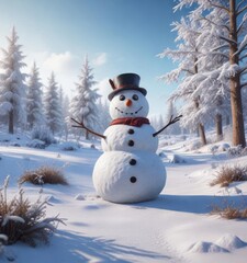 Fototapeta premium Frosty landscape with snowman enjoying winter scenery, cold weather, peaceful atmosphere
