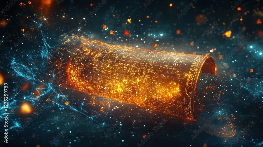 Aufkleber glowing ancient scroll in cosmic space dust