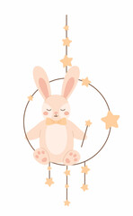 Cute rabbit with a magic wand in his paw. Flat vector illustration.