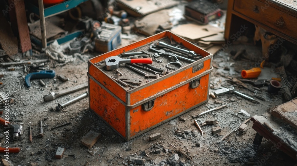 Poster orange toolbox filled with various hand tools scattered around