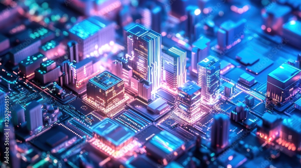 Poster futuristic cityscape integrated within circuitry design