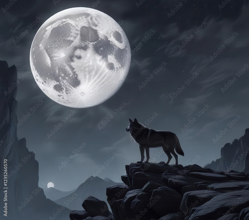 Wall mural Full moon night landscape with a lone wolf standing on a rocky cliff ,  wild,  wilderness