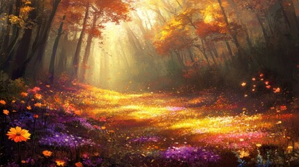 Autumnal Forest Path with Blooming Flowers and Golden Light