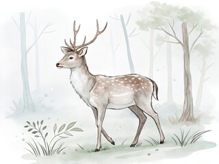 Fototapeta premium Elegant Fawn Deer in Misty Forest Watercolor Wildlife Art
