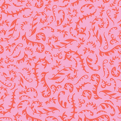 Abstract, pink botany seamless repeat pattern. Random placed, vector abstract herbs, grass, leaves aop, all over print.