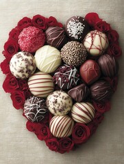 Fototapeta premium A heart-shaped box of assorted chocolates, with each piece beautifully detailed, surrounded by red rose petals, on a soft velvet fabric background