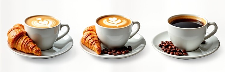 Three cups of coffee with croissants presented on white background. One latte another cappuccino, third espresso. Drink sits beside warm, freshly baked croissant. Roasted coffee beans visible next to