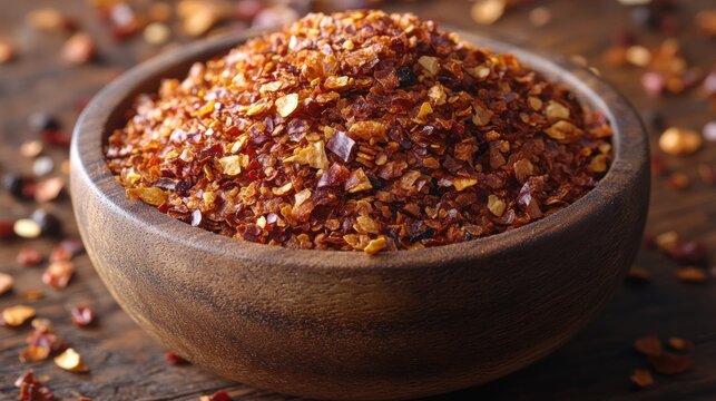 Chili flakes bowl, wooden table, cooking
