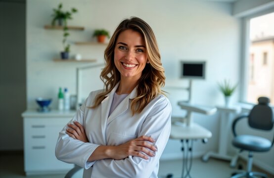 Confident female dentist smiles warmly. Stands in modern clinic. Wears white coat. Friendly pro ready for patient care. Modern clinic interior. Expert health care practitioner. Focus on modern dental