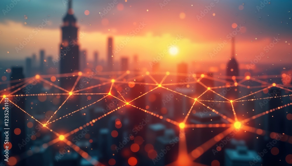 Aufkleber futuristic tech network connects city at sunset. abstract lines, glowing points depict global connec