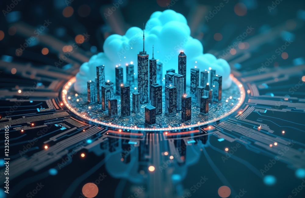 Aufkleber futuristic city model inside cloud. big data transfer tech. internet based digital storage. generati