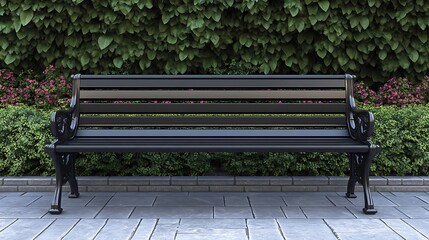 A park bench set against a lush green hedge and flowering plants, inviting relaxation.