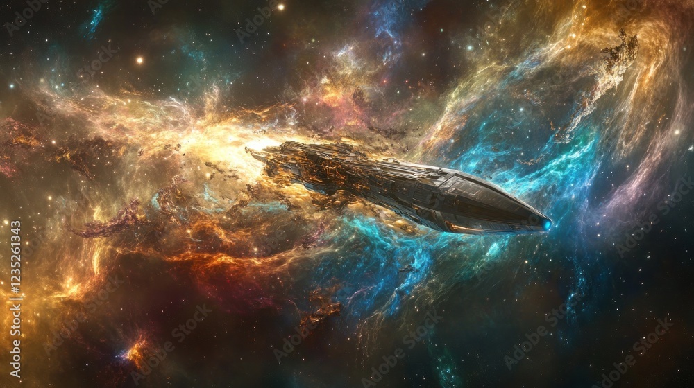 Poster Spaceship Navigating a Colorful Cosmic Nebula
