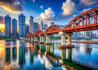 Cityscape Bridge at Sunset: A picturesque scene of a modern cityscape with towering skyscrapers and a striking red bridge spanning a tranquil river.