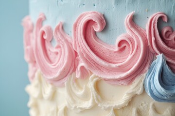 Delicate pastel frosting swirls adorn a delicious cake