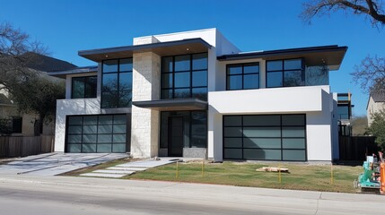 Modern White House with Large Windows and Stone Accents