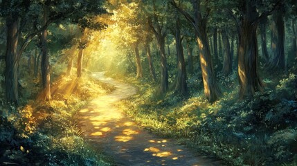 Fototapeta premium Sunlit Path Winding Through A Lush Green Forest